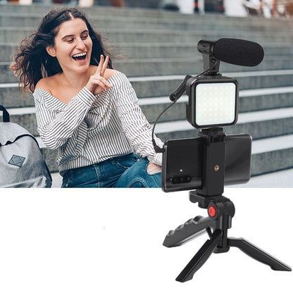 Phone Vlogging Kit with Remote Control Microphone LED Light for iPhone Live YouTube DSLR Camera