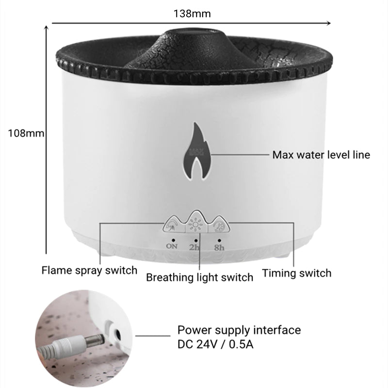 Volcano Aroma Diffuser - Humidifier Flame and Volcano for Bedroom, Living Room, Office, Spa & Yoga